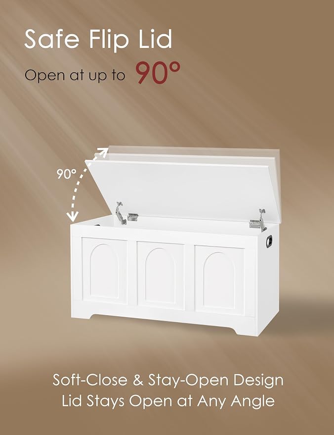 Storage Chest, Wooden Toy Box, White 39.4" L | Entryway Shoe Bench, 2 Soft-close Hinges, Finger-safe Flip-Top Lid, Easy Assembly, Farmhouse Large Trunk, Living Room/Bedroom