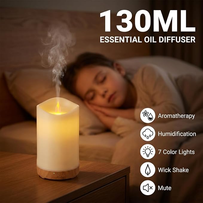 130ML Flameless Candle Essential Oil Diffuser with 3 Aroma Oils | for Small Space with 7 LED Color Night Light,Mini Humidifier for Bedroom Room Decor,Gifts for Women