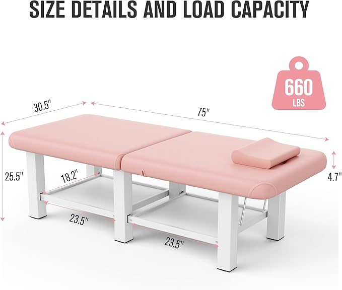 pouseayar Stationary Massage Table Folding Bed with Backrest for Treatment Table Physical Therapy Table Spa Facial Bed, Metal Frame PU Leather, 30.5'' Wide × 75'' Long - Pink