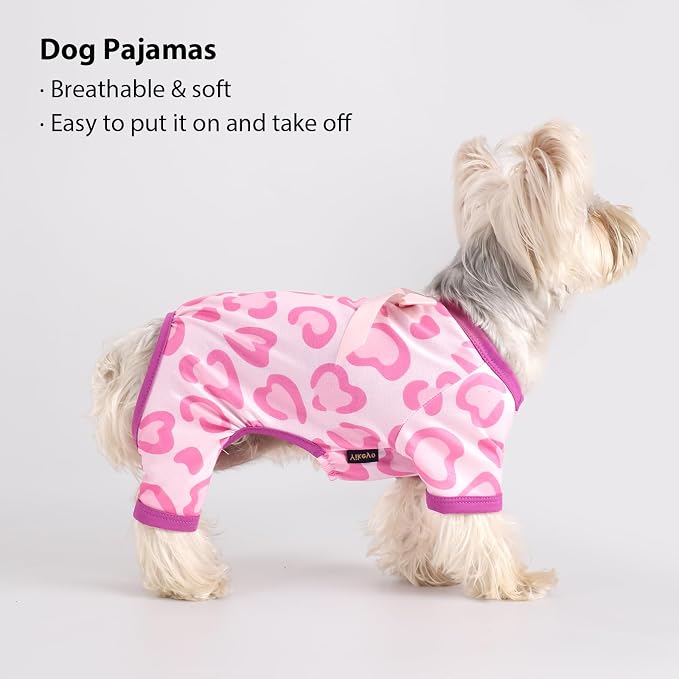 DaFuEn Dog Pajamas for Small Dogs - Soft Stretchy 4-Legged Puppy Onesie & Jumpsuit - Breathable Dog PJs Sleepwear Clothes for Yorkie, Chihuahua, Toy Poodle, Boy & Girl (Pink Heart,XS)