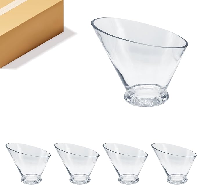 WGVI Slant Cut Calyx Glass Vase, Width 9", Height 7.75", Clear Terrarium, Candy Dish, Fruit Jar, Floral Container for Wedding Party Event, Home Office Decor, 4 Pieces