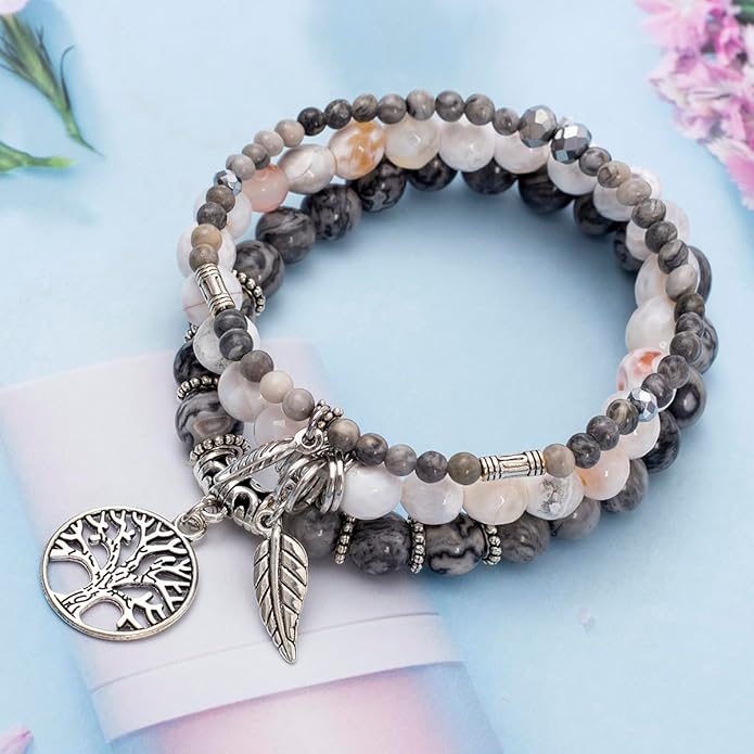 Jardme Healing Crystal Bracelets for Women, 8mm Beaded Natural Stone Stretch Chakra Bracelets Tree of Life Bracelet Jewelry Gifts for Women