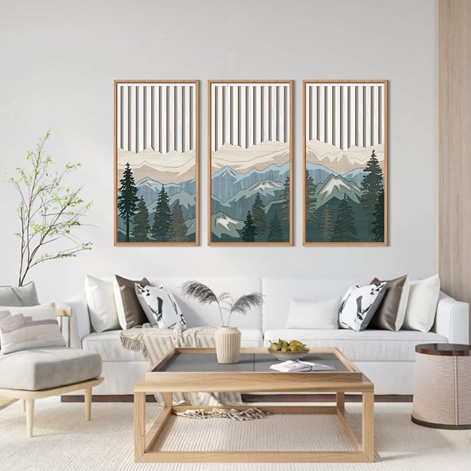 IARTTOP Large Mountain Wood Wall Art Framed Decor Set of 3, Modern Mountain Landscape Wall Art Nature Artwork Wall Decor for Bedroom, Living Room, Office-16 x32