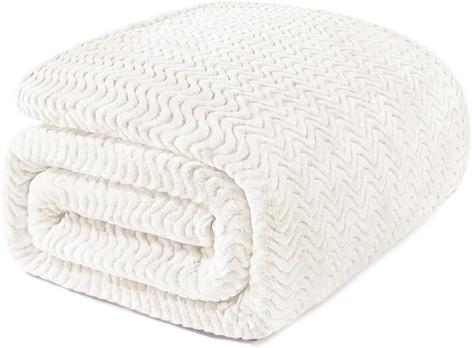 Exclusivo Mezcla Soft Fleece Blanket Twin Size for Bed, Sofa, Ivory | 90"x66" Breathable Lightweight Flannel Blanket for Summer, Plush Cozy Jacquard Wave for Home Decor