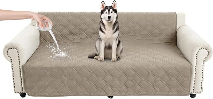 100% Waterproof Washable Dog Blanket，Khaki+Off White，52"x82" | ,7-Layer Reversible Couch Covers for Dogs Met for Sofa Furniture Car Camping