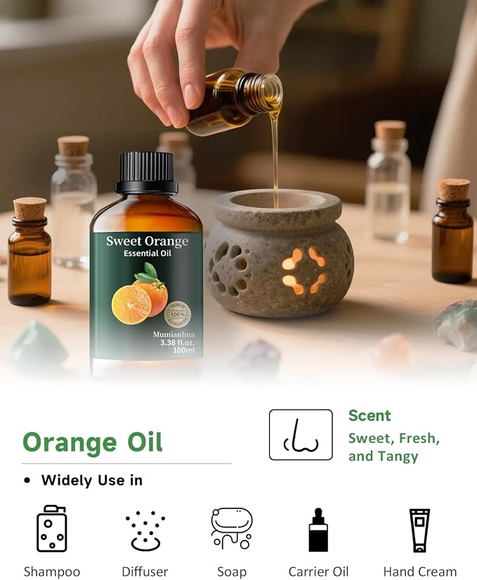 Orange Essential Oil, Fresh Scent, Aromatherapy & Cleaning, 3.38 Fl Oz | Mumianhua Cold-Pressed Orange Oil. Bright Citrus Scent. Skin-Safe for DIY Perfume, Soap & Candle Making, Cleaning & Diffusion