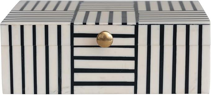 Bloomingville Plastic Storage Box with Striped Block Pattern and Gold Knob, Black and White