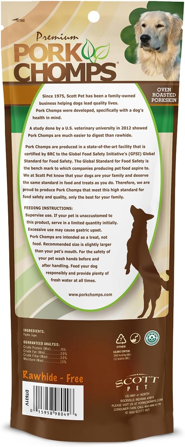 Pork Chomps Rawhide Free Pork Skin Dog Chew Bone, 7in, 1ct | Roasted, pressed pork skin chew. Long-lasting, high protein, low fat, healthy & delicious.