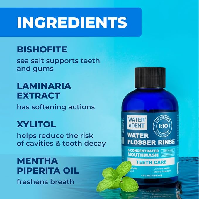 WATER DENT | Water Flosser Rinse, IRRIGANT, Concentrate Mouthwash | When dilluted1:10 = 44 fl.oz, Travel Size, Add to Oral irrigator, Mint Flavor, Alcohol & Fluoride Free. Made in USA | 4 fl.oz