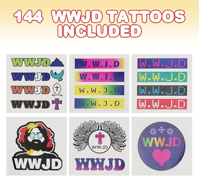 ArtCreativity What Would Jesus Do Temporary Tattoos for Kids - Bulk Pack of 144 Non-Toxic 2 Inch Pre-Cut Jesus Christian Tattoos Stickers - Christian Religious Birthday Party Favors and Goodie Bags
