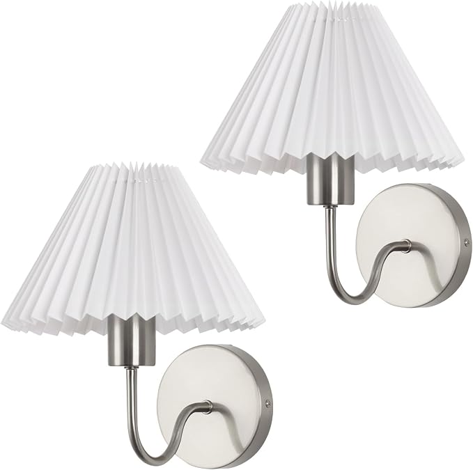 Wireless Wall Sconce Sets of 2, Pleated Shades Rechargeable Battery Operated Wall Sconce, Retro gooseneck Brushed Nickel Bathroom Vanity Lights, Wall Mounted Lamps for Bedroom Living Room Hallway