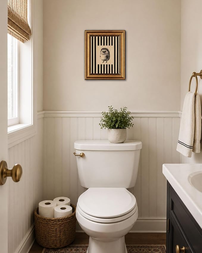 Gold Framed Wall Art, Funny Bathroom Hedgehog Canvas Prints, Vintage Hedgehog Holding Toilet Roll Picture Wall Decor, Striped Cute Animal Artwork for Bathroom Toilet Restroom 12x16 inch