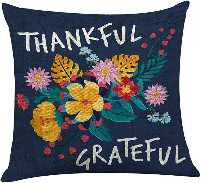 Littlefa Thankful Grateful Flower Throw Pillow Cover Navy Blue | Navy Blue Decorative Pillow Case for Couch Sofa Bedroom, Inspiring Gifts for Friends Women