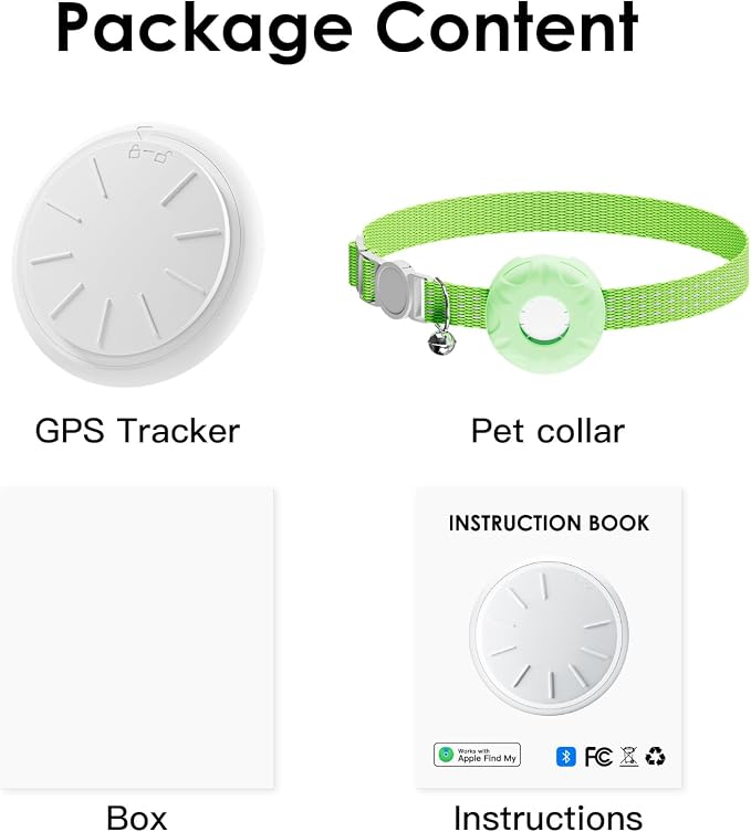 Cat GPS Tracker, Cat Tracker Compatible with Apple Find My App (Only iOS), No Monthly Fee, Waterproof, Breakaway Collar Included, Up to 1 Year Battery, Green