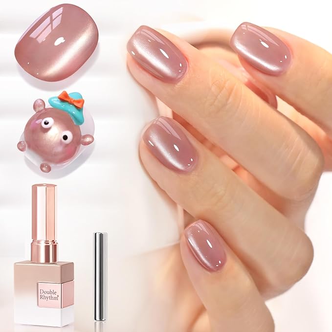 Double Rhythm 15ML Jelly Glass Cat Eye Gel Polish with Magnet Holographic Glitter Shimmer Translucent Sheer Color Salon Soak Off Magnetic Nail at Home (Rose Nude -MC1200)