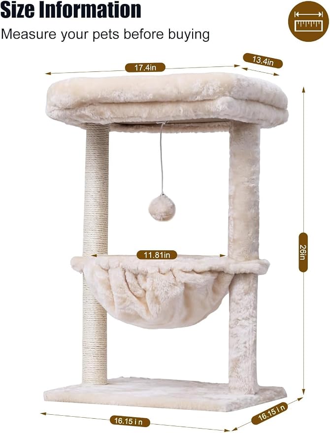 SYANDLVY Small Cat Tree for Indoor Cats, Activity Cat Tower with Scratching Post for Kittens, Cat Furniture with Basket & Hanging Ball for Play Rest, Beige | Scratching Post, Cat Furniture with Basket & Hanging Ball for Play Rest, Beige