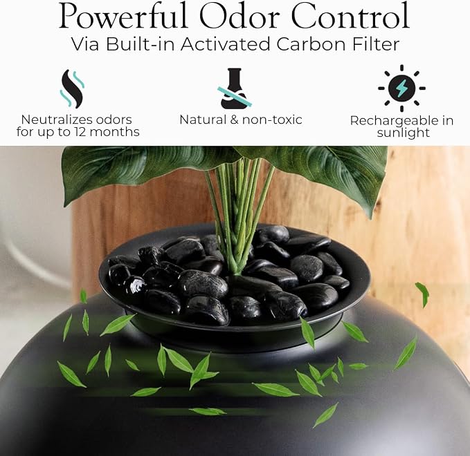 Secret Litter Box by Bundle & Bliss - Hidden Litter Box Enclosure, Patented Design with Odor Control, Includes Faux Plant, Carbon Filter and Real Stones (Matte Black)