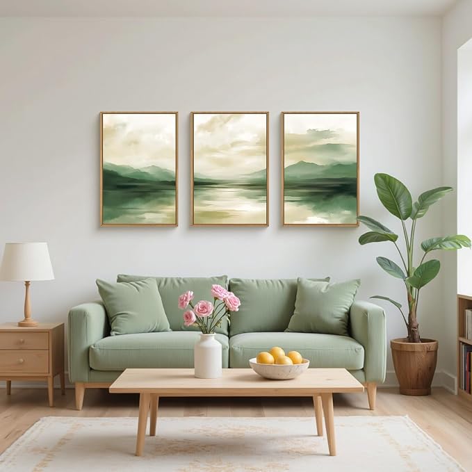 FWIEXA Sage Green Abstract Canvas Wall Art Set of 3, Framed Beige White Landscape Painting, Neutral Watercolor Mountain Prints, Nature Mountains Lake Prints, 24x36In Artwork for Living Room, Bedroom