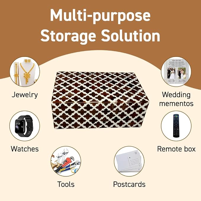 Perilla Home ﻿Home Decor Decorative Storage Wooden Box Small Wooden Organizer Tool Stash Card Craft Trinket Memory Keepsake Jewelry Box for Men and Women, Clover, Gifts For All, Dark Brown & Off White