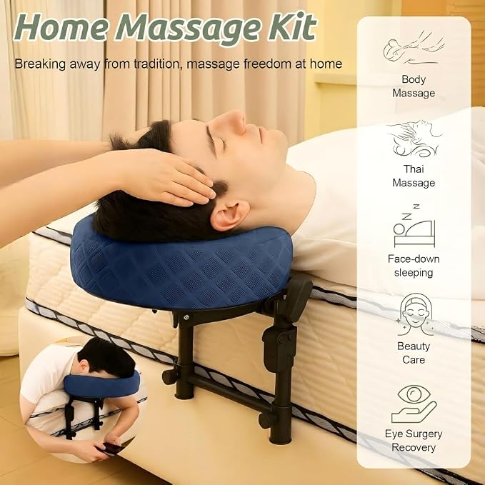 Massage Headrest for Bed, Adjustable Massage Face Cradle at Home, Portable Massage Table Kit for Sleeping Mattress, Face Down Pillow After Eye Surgery (Blue, with Armrest Shelf & Breast Pillow)