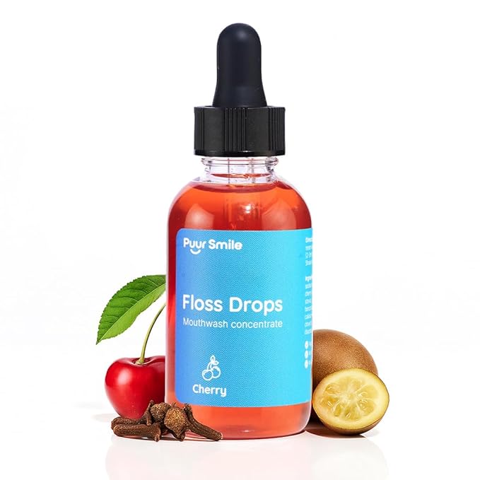 Puur Smile Concentrated Floss Drop Serum – 2oz Concentrated Mouth Wash to Use in Water Flosser | Natural Essentials Promotes Good Breath | Organic Drop Provides Good Oral Health (Cherry Flavor)