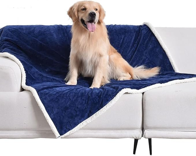 Waterproof Blanket for Bed, Dog Blankets for Large Dogs, Waterproof Cat Blanket Washable, Soft Sherpa Fleece Puppy Blanket, Reversible Throw Protector for Couch Car, 50"X60", Navy Blue