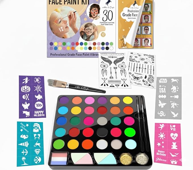 Face Paint Kit for Kids – 30 Vibrant Washable Colors, Non-Toxic & Stain-Free, Paints 60+ Faces, Includes Glitter, Brushes & Stencils – Perfect for Birthdays, Halloween & Parties