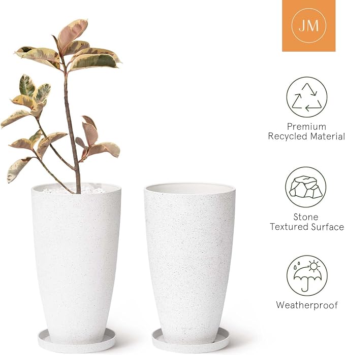 LA Jolie Muse 20 Inch Tall White Planters,Set of 2 Indoor/Outdoor Tall Planters with Shelf Insert and Trays,Modern Large Flower Pot for Front Front Door, Patio and Deck | Set of 2, Large Flower Pots with Drainage Holes and Tray, Modern Planter for Fron...