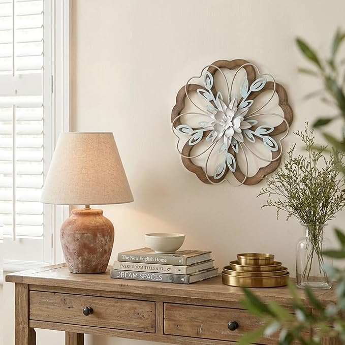 Remenna Metal Flowers Wall Decor, Rustic Floral Art, White & Blue, Farmhouse Hanging Decoration for Living Room, Bathroom, Garden