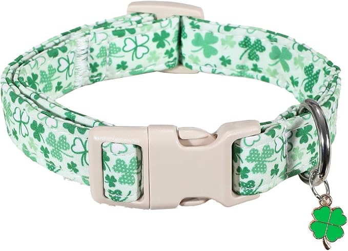 Green Dog Collar, Cute Spring Dog Collar with Green Clover Print for Large Dogs, Breathable Adjustable Large Collars for Male Female Dogs, L
