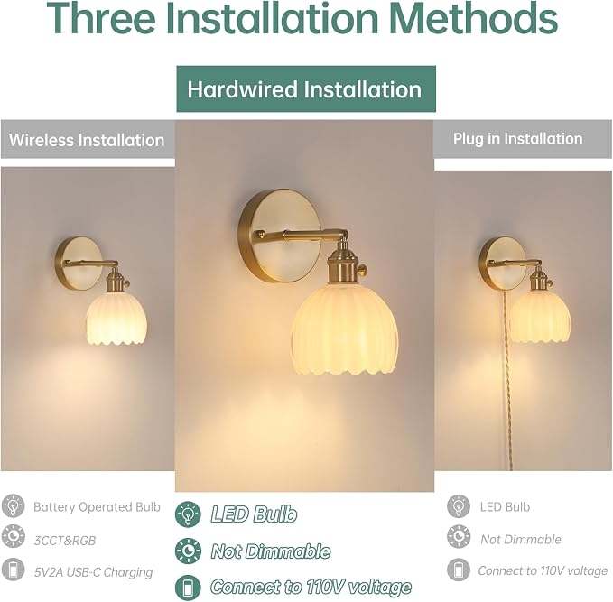 Shenmoyl Vintage Wall Sconces with White Tulip Glass Lampshade 180 Degree Adjustable Brass Sconces Hradwired Modern Wall Lighting Fixture with Switch for Bedside Bedroom Doorway