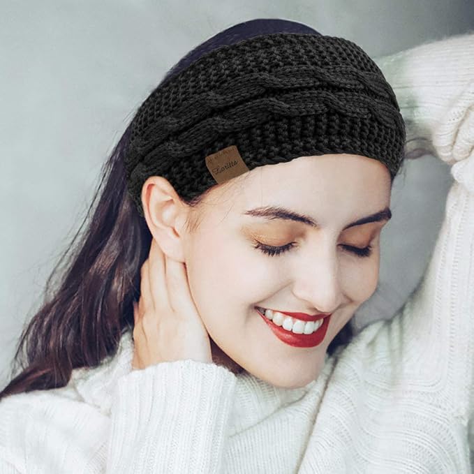 Loritta 2 Pack Headbands for Women Winter Warm Cable Knit Ear Warmer Thick Head Wrap Fuzzy Fleece Lined Gifts