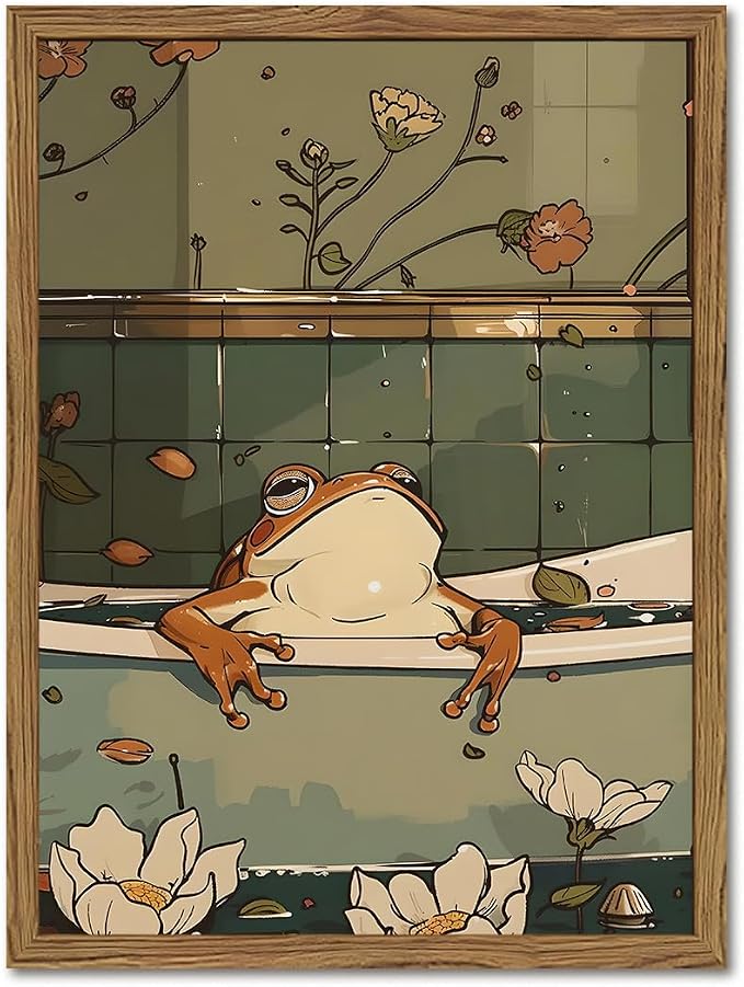 Funny Japanese Frog Bathroom Wall Art Whimsical Frog in Bathtub Wall Decor Painting Cute Animal Bathroom Poster Canvas Print Picture 12x16 inch Wood Framed