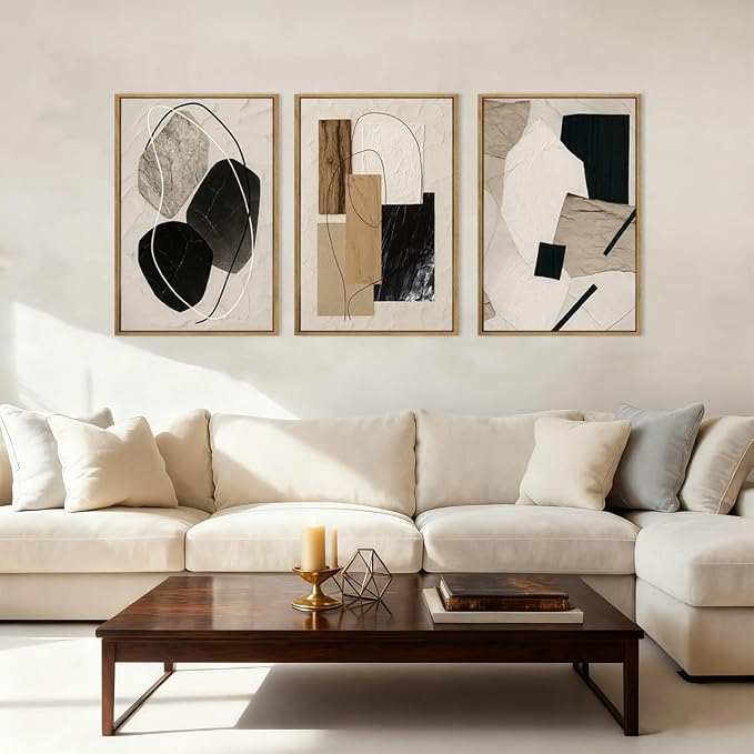BINCUE Abstract Modern Wall Art Decor Framed Neutral Painting Prints Artwork for Living Room Bedroom 16x24 Inch Set of 3