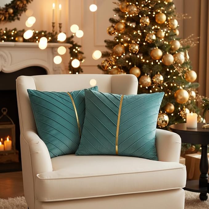 Velvet Throw Pillow Covers 18x18 Pack of 2 Gold Decor Aqua Green | Soft Solid Pillow Covers,Modern Luxury Home Decor,for Couch Chair Sofa Bedroom Livingroom,Hidden Zipper,Ideal Gift,Easy Care