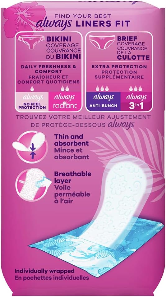Always Thin No Feel Protection Daily Liners Regular Absorbency Unscented, 60 Count - Pack of 4 (240 Count Total)