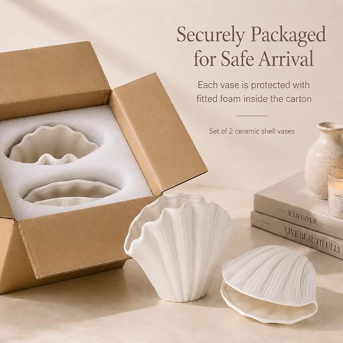 Seashell Vase Set of 2, White Ceramic Shell Vase 6.3" & 5.7", Coastal Sea Shell Vases Decor for Dried Flowers Faux Stem, Beach Nautical Table Decor, Scalloped Aesthetic Vases for Home Accents