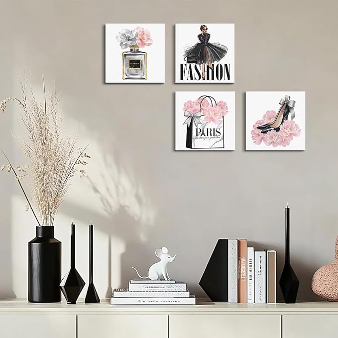 4 Pcs Pink Fashion Women Wall Art Pink Flowers Perfume High Heel Wall Decor
