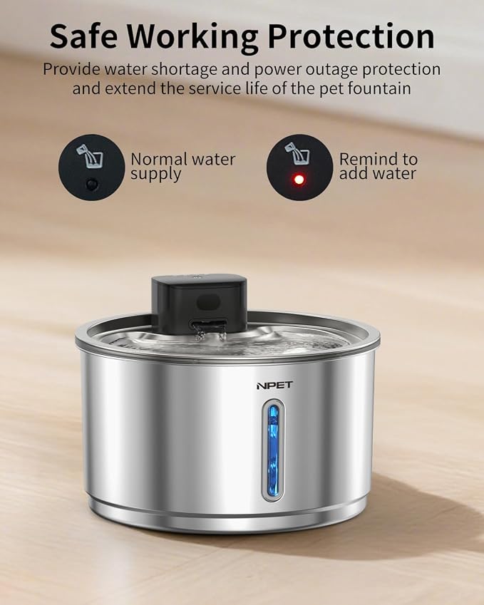 NPET Cordless Cat Water Fountain Stainless Steel, 1Gallon for Cats Indoor | Battery Operated, Automatic Pet Drinking Fountain,Wireless Dog Water Dispenser, With Water Level Window