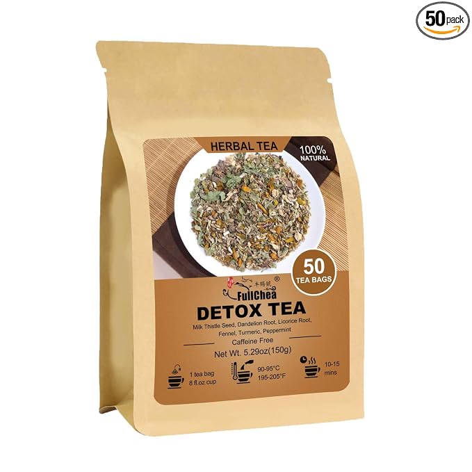 FullChea - Detox Tea Bags, 50 Teabags Liver Detox Tea, With Milk Thistle Seed, Dandelion Root, Licorice Root, Fennel, Turmeric, Peppermint - Liver Cleansing and Support
