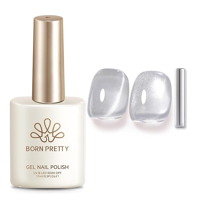 Born Pretty Silver Cat Magnetic Eye Gel Nail Polish 15ML,Jelly Glass Silver Crystal Glitter Shimmer Translucent Magnetic Gel Polish with Magnet,Soak Off U V Gels for Women Girl