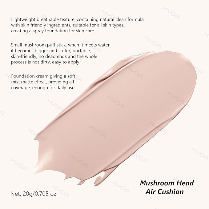 KYDA Mushroom Head Air Cushion BB Cream,Concealer Lasting Nude Makeup Moisturizing Pigment CC Liquid Foundation, Even Skin Tone Makeup Base Primer-Natural