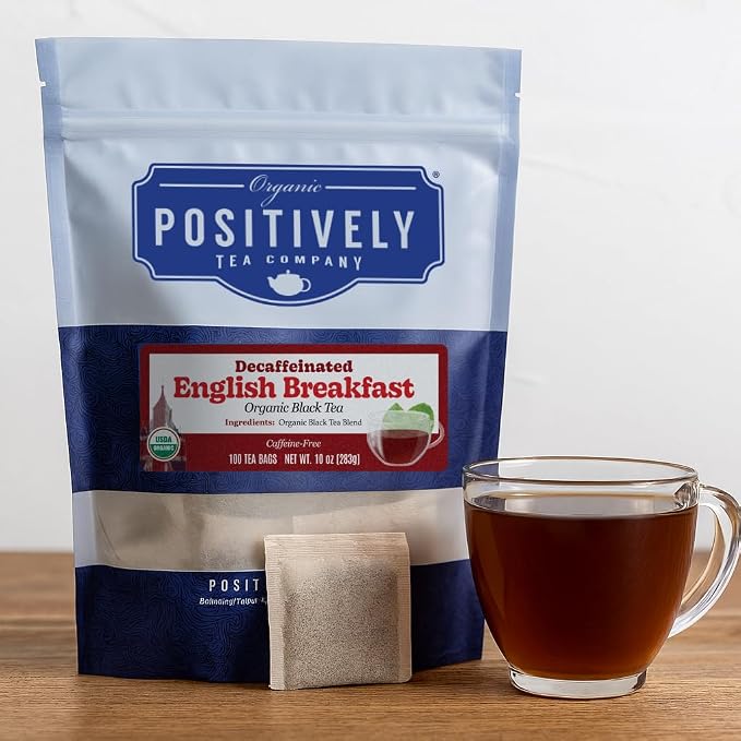 Organic Positively Tea Company, Decaf English Breakfast Black Tea Bags, 100 Count, Eco-Friendly Tea Bags, Non-GMO
