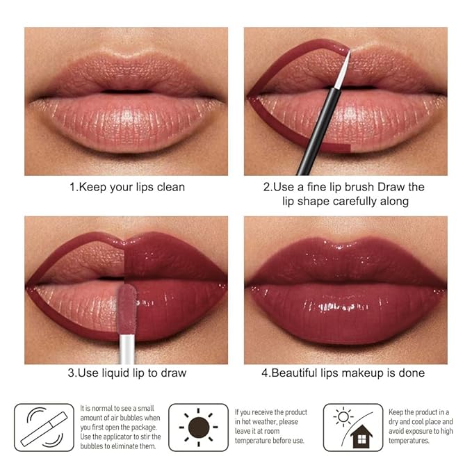 evpct Mauve Red Shiny Glossy Longwear No-Budge Liquid Lip Color Lipstick Makeup, Highly Pigmented Color Instant Shine, Waterproof Long Lasting Lipstick for Women, Lip Stain Gloss with Lip Liner Brush