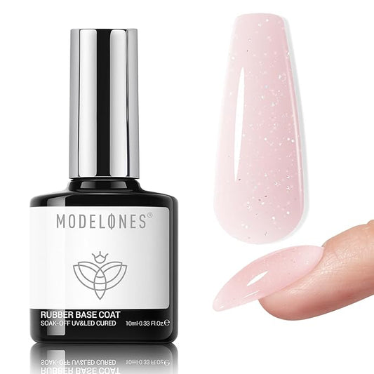modelones Builder Rubber Gel Base Coat for Nails, Nude Glitter Rubber Base Gel Nail Polish for Strengthen Apex Building Extension Protect Weak Nails Long Last U V Manicure Gift for Women