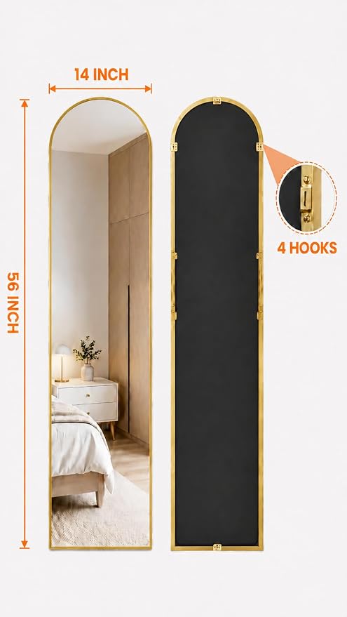Antok 56" x14” Arched Full Length Floor Mirror, Gold Aluminum Frame, Free Standing/Wall Mount/Leaning for Bedroom, Living Room, Dressing Room