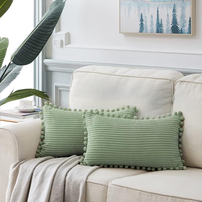 Fancy Homi 2 Pack Sage Green Lumbar Decorative Throw Pillow Covers 12x24 Inch with Pom-poms for Couch Bedroom Sofa, Farmhouse Boho Home Decor, Soft Corduroy Solid Rectangle Cushion Case 30x60 cm