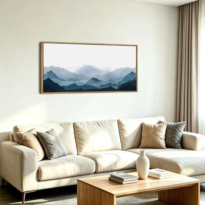Blue Framed Mountain Landscape Wall Art Fog Mountain Painting Wall Decor for Bedroom Living Room Office Decor 20x40 Inch