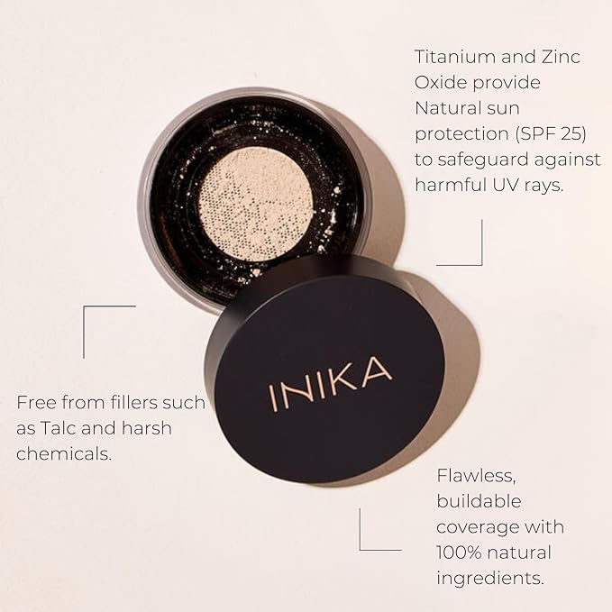 INIKA Organic Mineral Powder Foundation SPF 25 - Vegan Makeup, Natural Looking, Buildable Coverage, Flawless Radiance & Glow, Blemish Coverage, Cruelty Free, Sustainable Packaging, Inspiration, 8g