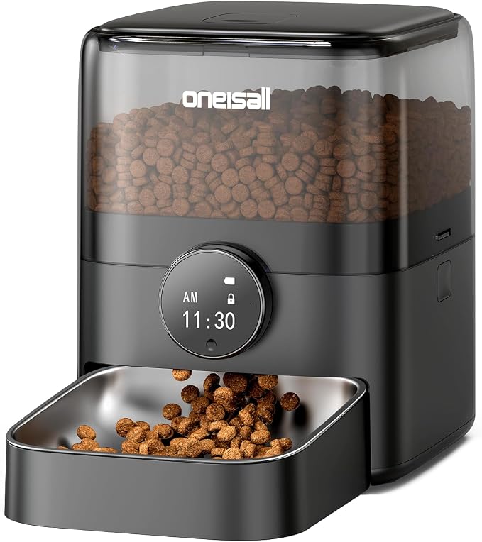 oneisall Automatic Cat Feeder for Large Kibble and Snacks, 12 Cups/3L Timed Pet Feeder for Cats Indoor, Programmable Dry Food Dispenser (Black) | Large Kibble and Snacks, 12 Cups/3L, Programmable Dry Food Dispenser, Corded, Black
